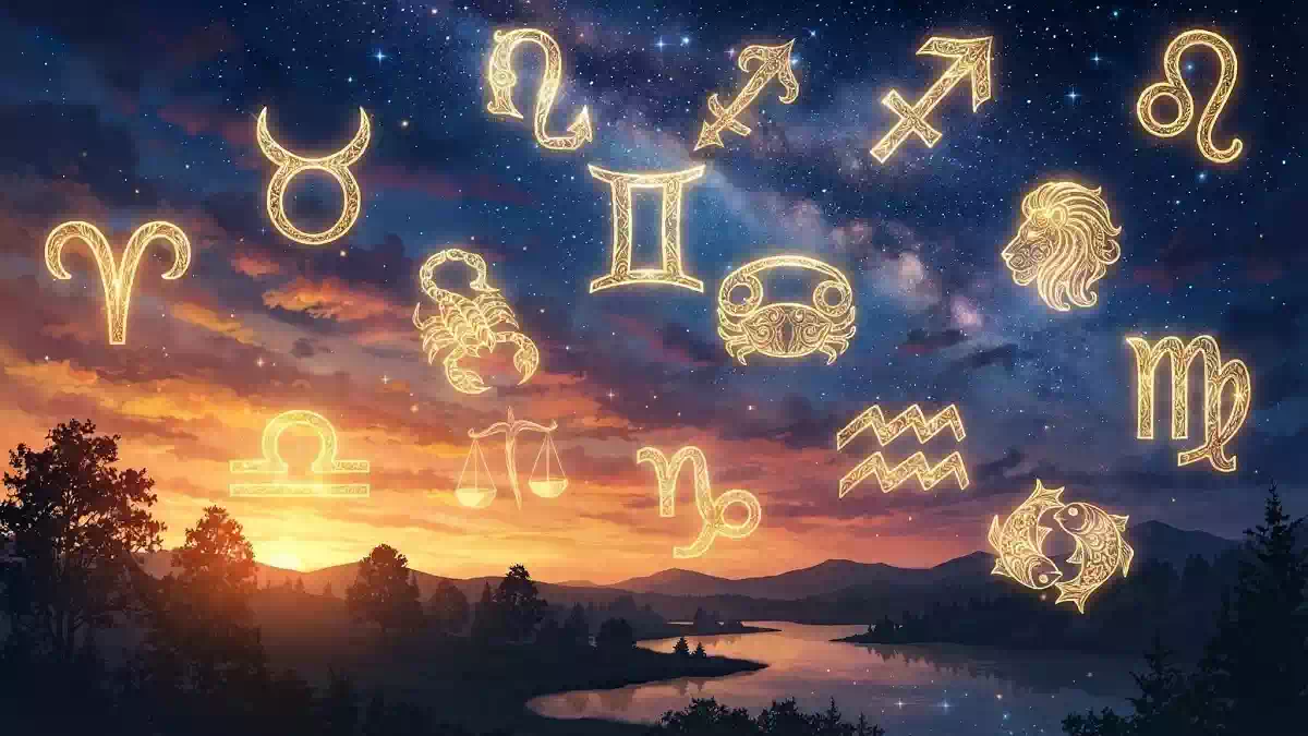 Segni zodiacali luminosi nel cielo stellato al tramonto sopra un paesaggio naturale con lago, montagne e boschi.
