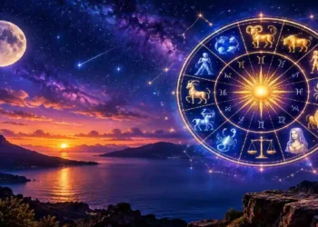 Immagine astrologia con ruota dei dodici segni zodiacali, cielo stellato, luna e paesaggio al tramonto