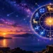 Immagine astrologia con ruota dei dodici segni zodiacali, cielo stellato, luna e paesaggio al tramonto