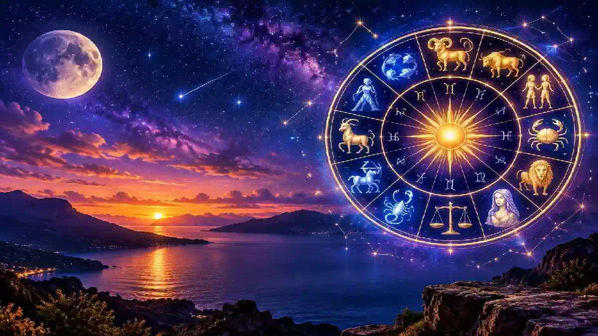Immagine astrologia con ruota dei dodici segni zodiacali, cielo stellato, luna e paesaggio al tramonto