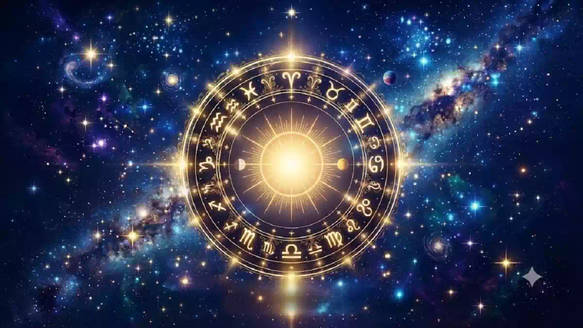 Ruota zodiacale dorata con i dodici segni dell'oroscopo illuminati al centro di una galassia stellata, simbolo delle previsioni astrologiche e dell'influenza dei pianeti sui segni zodiacali