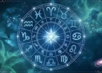 Ruota zodiacale luminosa con i dodici segni dell'oroscopo disposti in cerchio attorno a una stella brillante al centro