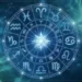 Ruota zodiacale luminosa con i dodici segni dell'oroscopo disposti in cerchio attorno a una stella brillante al centro