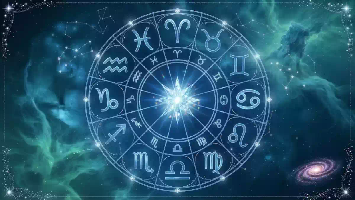Ruota zodiacale luminosa con i dodici segni dell'oroscopo disposti in cerchio attorno a una stella brillante al centro