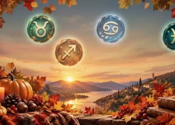 Segni zodiacali di Toro, Cancro, Sagittario e Pesci sospesi in un suggestivo paesaggio autunnale al tramonto, tra foglie colorate, zucche decorative, candele accese e un lago circondato da colline.