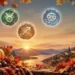 Segni zodiacali di Toro, Cancro, Sagittario e Pesci sospesi in un suggestivo paesaggio autunnale al tramonto, tra foglie colorate, zucche decorative, candele accese e un lago circondato da colline.