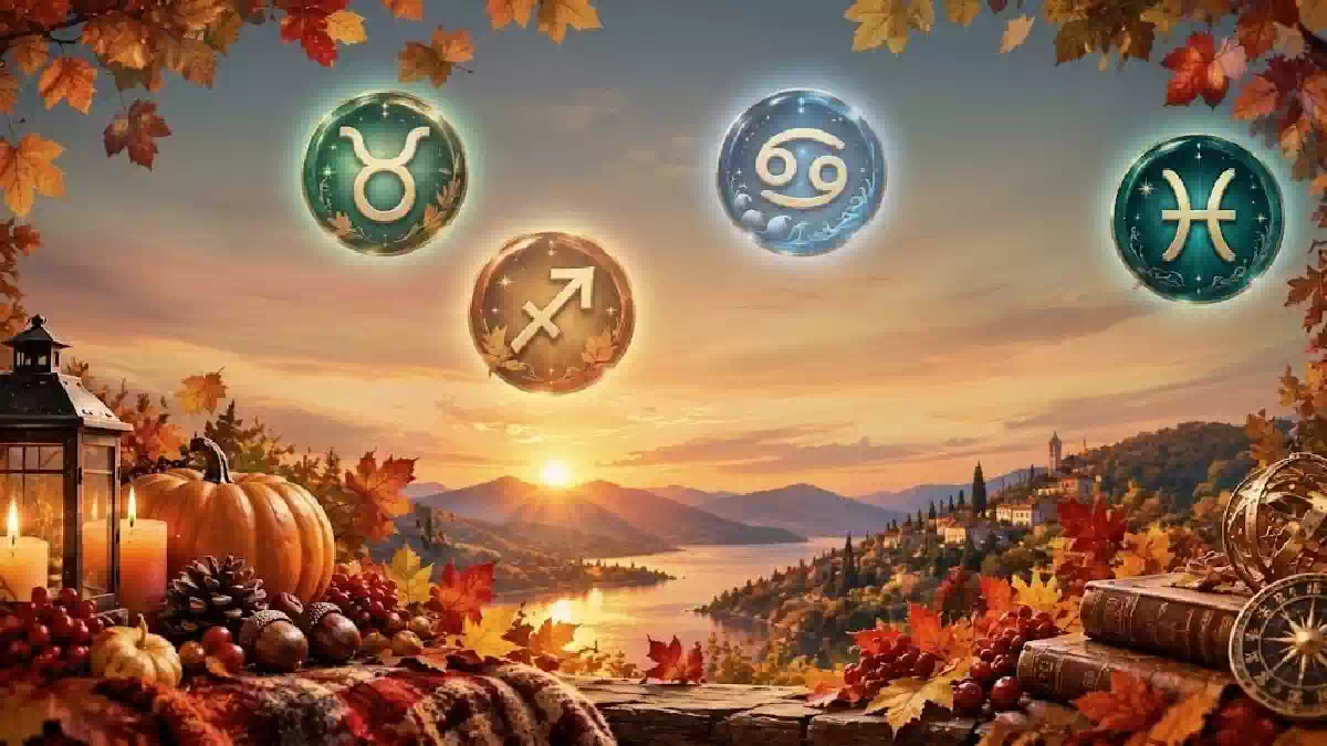 Segni zodiacali di Toro, Cancro, Sagittario e Pesci sospesi in un suggestivo paesaggio autunnale al tramonto, tra foglie colorate, zucche decorative, candele accese e un lago circondato da colline.