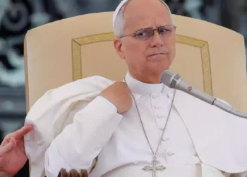 Papa Leone XIV durante un intervento pubblico in Vaticano, seduto su una poltrona chiara e con un microfono davanti, mentre parla ai fedeli in occasione dell'Angelus