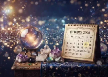 Immagine in formato orizzontale con uno sfondo magico e stellato, caratterizzato da sfumature dorate e blu scuro. In primo piano, su un tavolo di legno coperto da un drappo blu decorato con motivi celesti