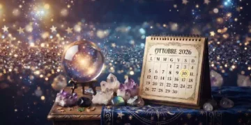 Immagine in formato orizzontale con uno sfondo magico e stellato, caratterizzato da sfumature dorate e blu scuro. In primo piano, su un tavolo di legno coperto da un drappo blu decorato con motivi celesti