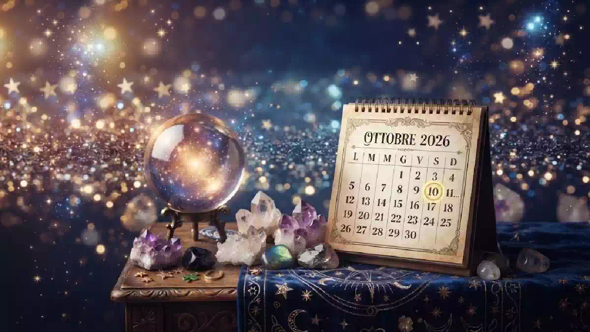 Immagine in formato orizzontale con uno sfondo magico e stellato, caratterizzato da sfumature dorate e blu scuro. In primo piano, su un tavolo di legno coperto da un drappo blu decorato con motivi celesti