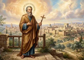 San Luca Evangelista raffigurato con aureola e crocifisso mentre osserva la città sacra sullo sfondo, tra luce divina, angeli tra le nuvole e paesaggio biblico legato ai miracoli della tradizione cristiana