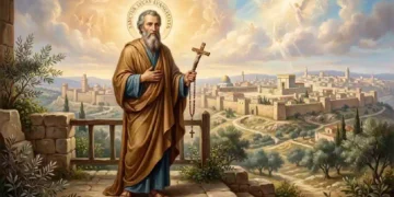 San Luca Evangelista raffigurato con aureola e crocifisso mentre osserva la città sacra sullo sfondo, tra luce divina, angeli tra le nuvole e paesaggio biblico legato ai miracoli della tradizione cristiana