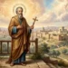 San Luca Evangelista raffigurato con aureola e crocifisso mentre osserva la città sacra sullo sfondo, tra luce divina, angeli tra le nuvole e paesaggio biblico legato ai miracoli della tradizione cristiana