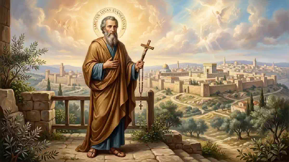 San Luca Evangelista raffigurato con aureola e crocifisso mentre osserva la città sacra sullo sfondo, tra luce divina, angeli tra le nuvole e paesaggio biblico legato ai miracoli della tradizione cristiana