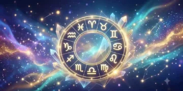 Ruota dello zodiaco luminosa con i dodici segni astrologici su uno sfondo cosmico ricco di stelle, costellazioni e nebulose colorate nei toni del blu, viola e oro, simbolo di oroscopo, astrologia e influenze astrali
