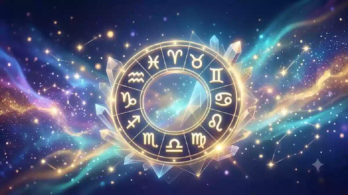 Ruota zodiacale luminosa con i dodici segni dell'oroscopo al centro di un cielo cosmico scintillante, tra stelle, costellazioni e sfumature blu, viola e dorate.
