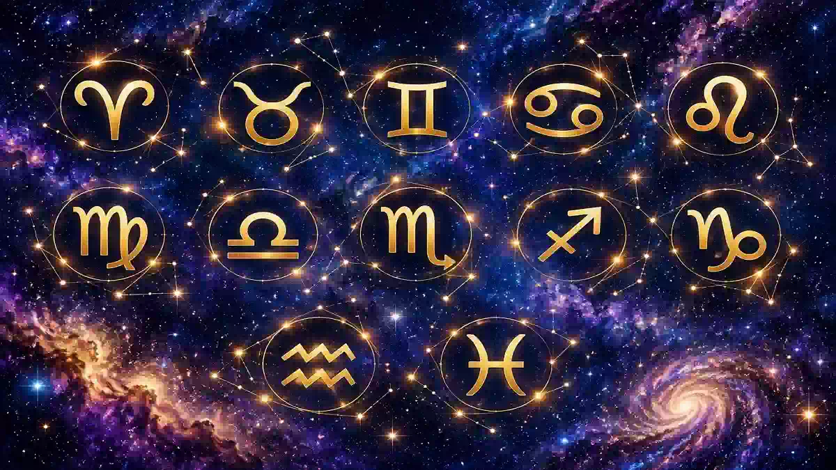 Rappresentazione astrologica dei segni zodiacali in un cielo stellato dai toni blu e viola. I simboli dorati dell'oroscopo brillano tra costellazioni luminose e cielo blu