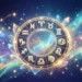 Ruota dello zodiaco luminosa con i dodici segni astrologici su uno sfondo cosmico ricco di stelle, costellazioni e nebulose colorate nei toni del blu, viola e oro, simbolo di oroscopo, astrologia e influenze astrali