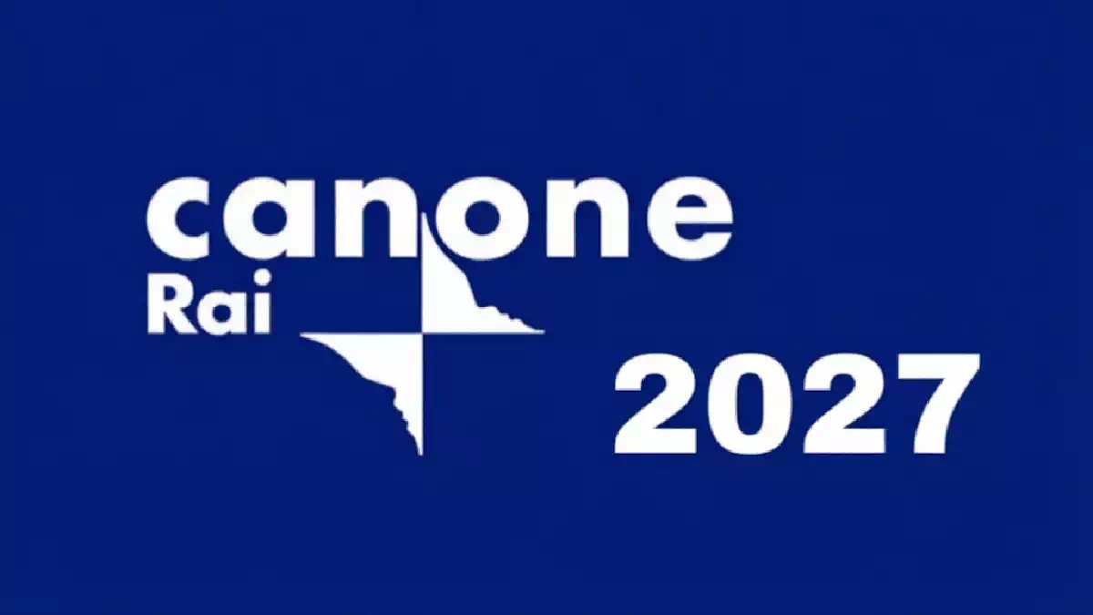 Immagine su sfondo blu con la scritta in bianco 'canone Rai 2027' e il logo della Rai stilizzato