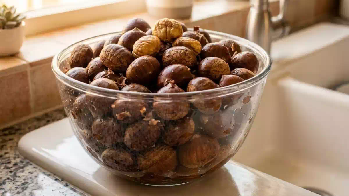Castagne immerse in una bacinella d’acqua durante il controllo preliminare prima della cottura, metodo tradizionale utilizzato per verificare lo stato dei frutti