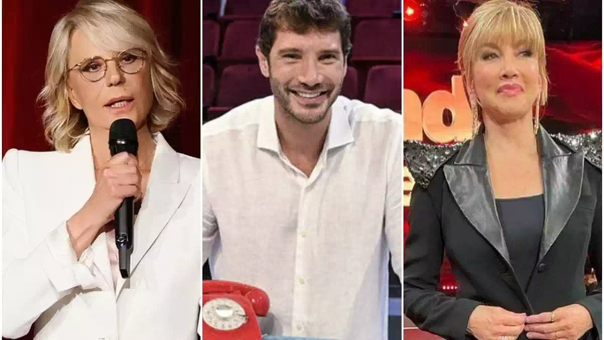Collage con alcuni dei conduttori televisivi più apprezzati dal pubblico italiano. Nell'immagine compaiono tre volti noti della TV italiana durante trasmissioni televisive