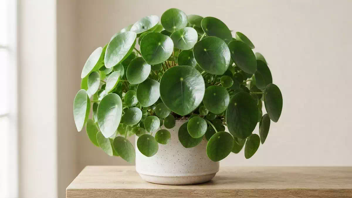 Pilea peperomioides rigogliosa in vaso bianco su tavolo in legno, con grandi foglie verdi tonde e lucide, coltivata in ambiente interno luminoso con sfondo neutro e naturale
