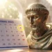 Un'immagine che combina un calendario cartaceo e un busto scultoreo. A sinistra, una pagina di calendario
