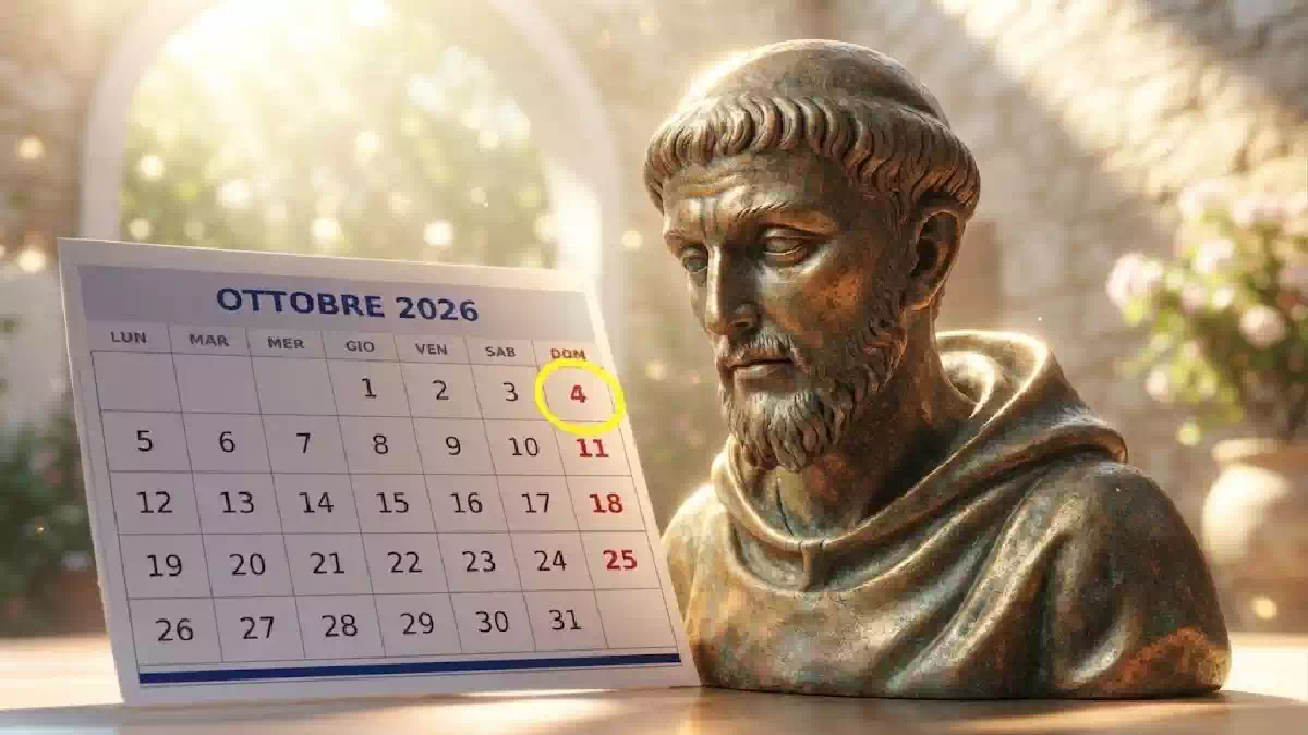 Un'immagine che combina un calendario cartaceo e un busto scultoreo. A sinistra, una pagina di calendario