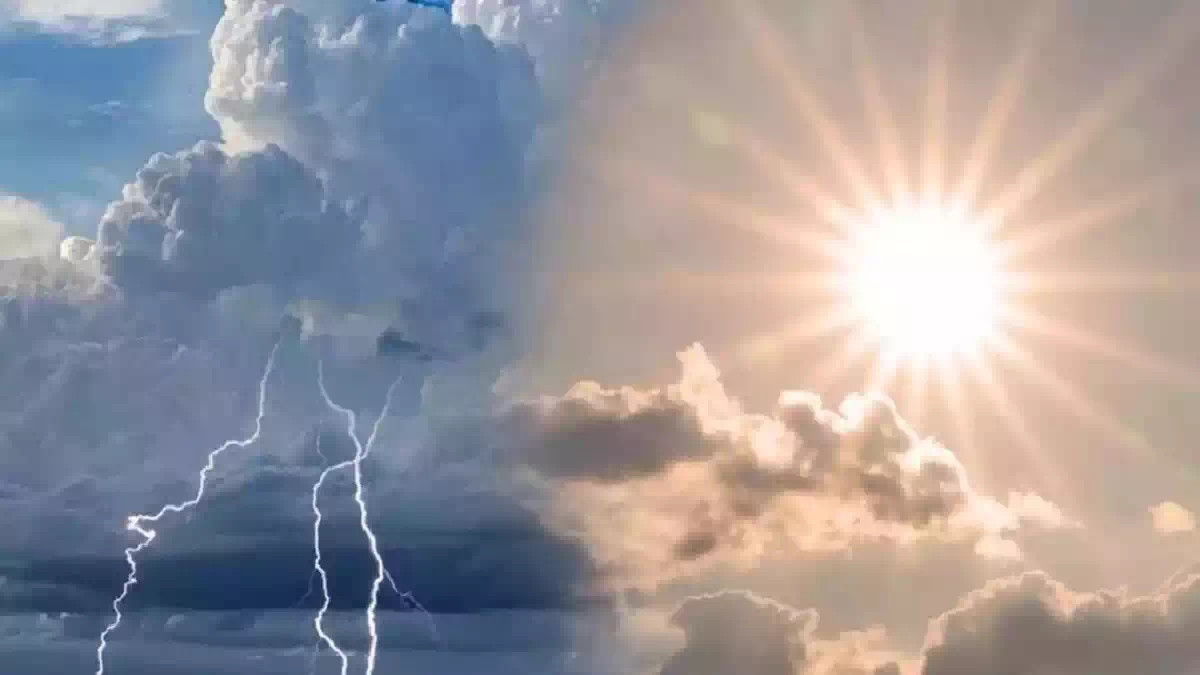 Cielo diviso tra temporali e sole splendente, con fulmini tra nuvole scure da un lato e raggi luminosi dall'altro a simboleggiare il contrasto tra maltempo e miglioramento delle condizioni meteo in Itali