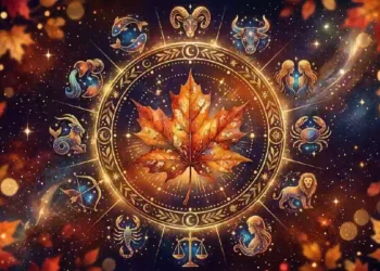 Ruota zodiacale autunnale con foglia d'acero dorata al centro, simboli dei dodici segni zodiacali illuminati e sfondo di stelle, foglie dai colori caldi dell'autunno