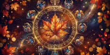 Ruota zodiacale autunnale con foglia d'acero dorata al centro, simboli dei dodici segni zodiacali illuminati e sfondo di stelle, foglie dai colori caldi dell'autunno
