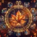 Ruota zodiacale autunnale con foglia d'acero dorata al centro, simboli dei dodici segni zodiacali illuminati e sfondo di stelle, foglie dai colori caldi dell'autunno
