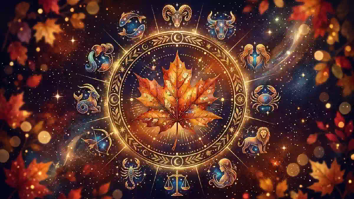 Ruota zodiacale autunnale con foglia d'acero dorata al centro, simboli dei dodici segni zodiacali illuminati e sfondo di stelle, foglie dai colori caldi dell'autunno