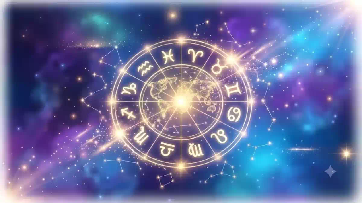 Ruota zodiacale luminosa con i dodici segni dell'oroscopo al centro di un cielo stellato tra costellazioni, galassie e luci cosmiche blu e viola.
