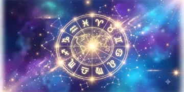 Ruota zodiacale luminosa con i dodici segni dell'oroscopo al centro di un cielo stellato tra costellazioni, galassie e luci cosmiche blu e viola.