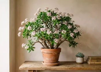 Un'elegante pianta di giada in vaso cresce con rami robusti ed è ricca di foglie verdi succulente e grappoli di piccoli fiori stellati di colore rosa chiaro