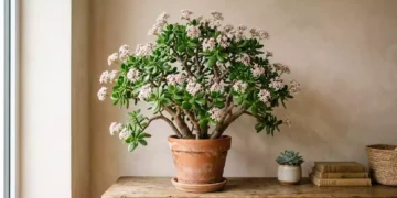 Un'elegante pianta di giada in vaso cresce con rami robusti ed è ricca di foglie verdi succulente e grappoli di piccoli fiori stellati di colore rosa chiaro