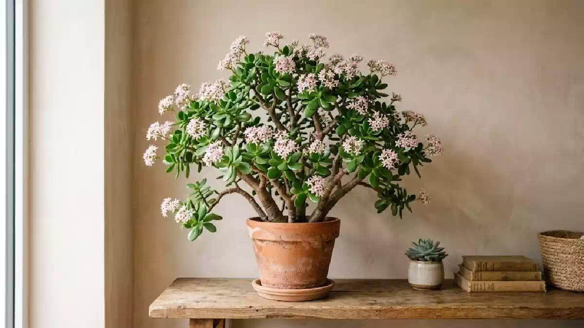 Un'elegante pianta di giada in vaso cresce con rami robusti ed è ricca di foglie verdi succulente e grappoli di piccoli fiori stellati di colore rosa chiaro