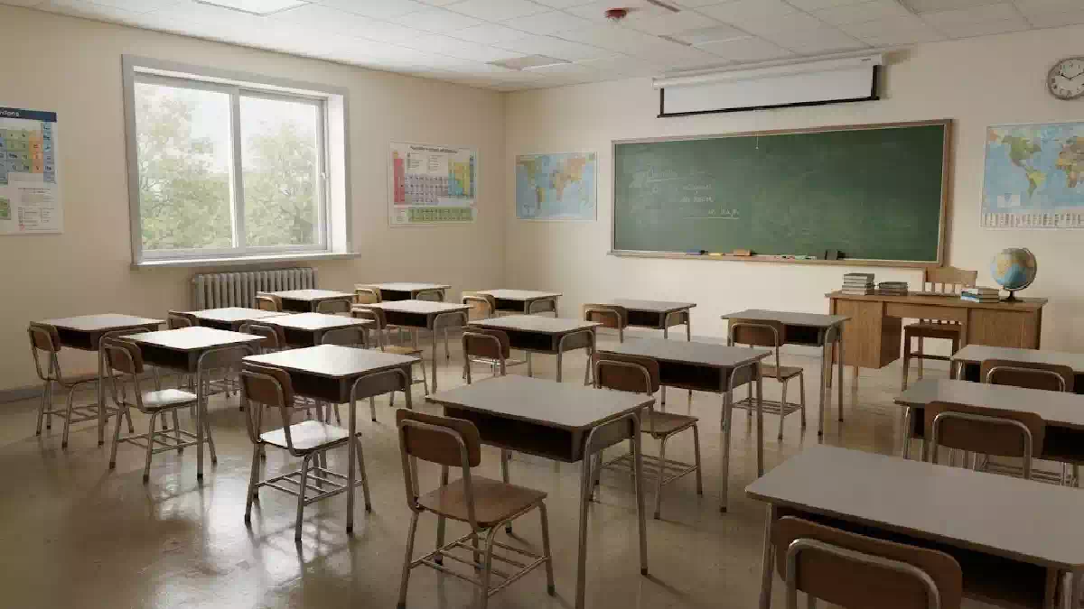 un'aula scolastica vuota, con diversi banchi e sedie in legno disposti in file ordinate. I banchi sono rivolti verso una grande lavagna verde appesa a una parete color crema.